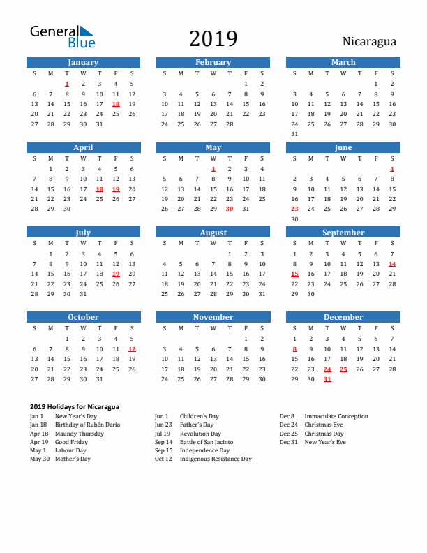 Nicaragua 2019 Calendar with Holidays