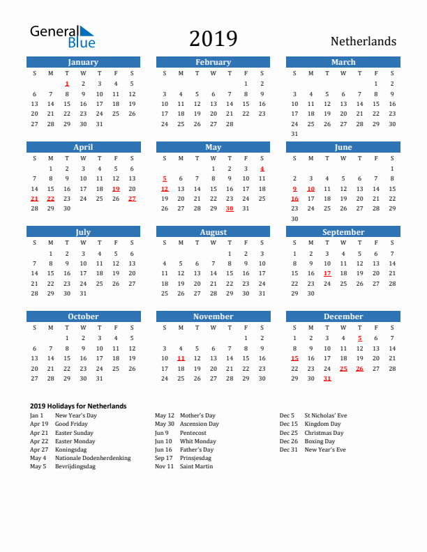 The Netherlands 2019 Calendar with Holidays