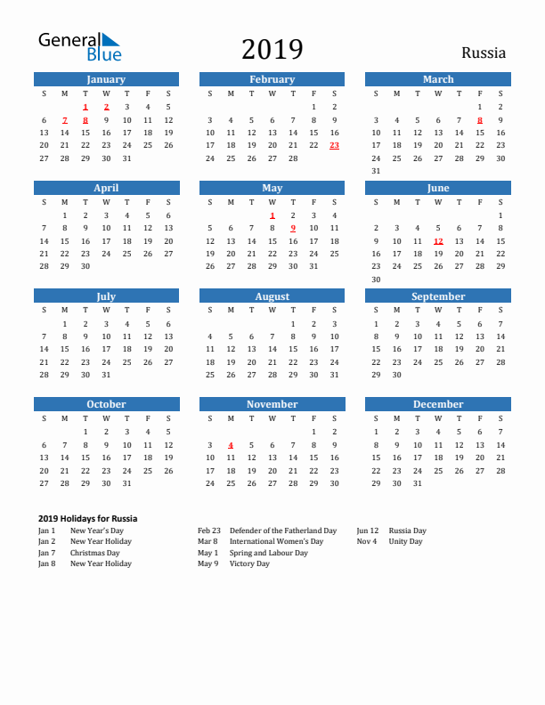 Russia 2019 Calendar with Holidays