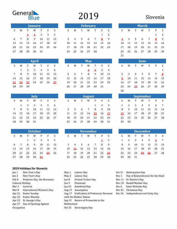 Slovenia 2019 Calendar with Holidays