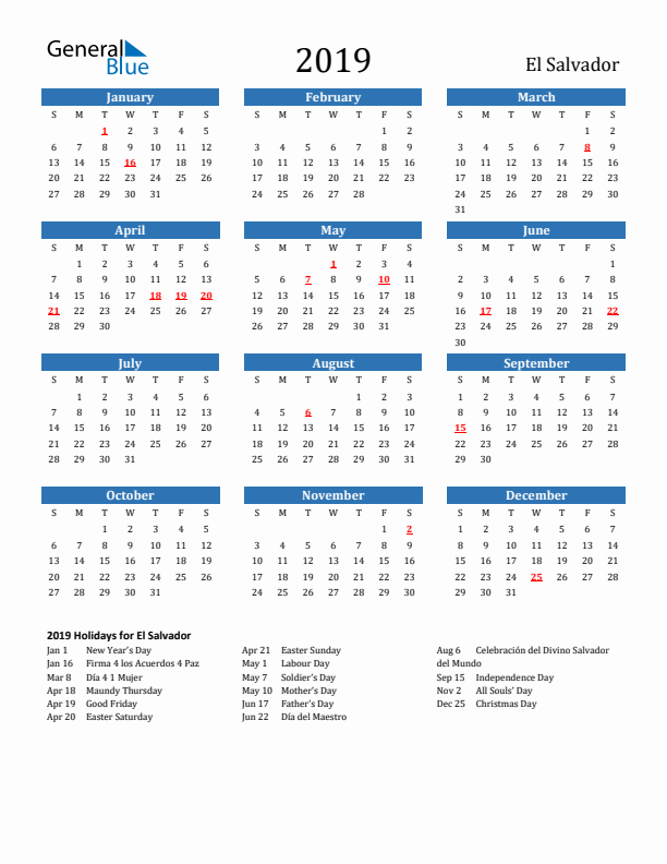 El Salvador 2019 Calendar with Holidays