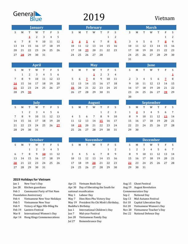 Vietnam 2019 Calendar with Holidays