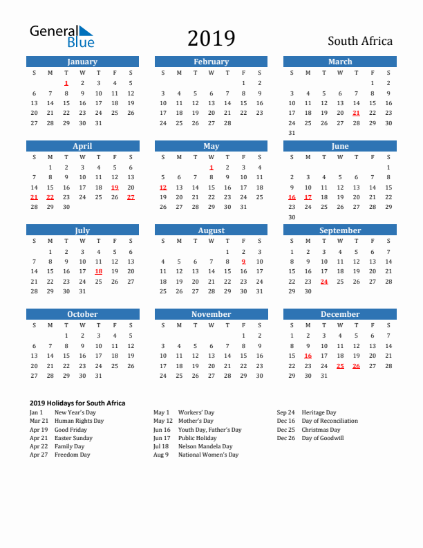 South Africa 2019 Calendar with Holidays