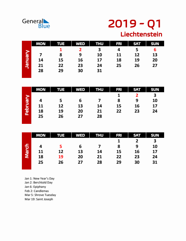 Q1 2019 Calendar with Holidays in Liechtenstein