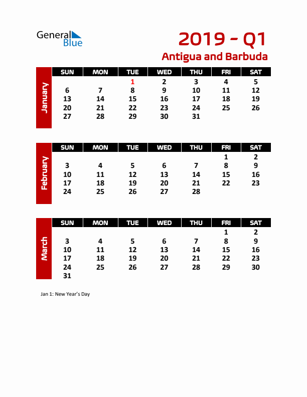 Q1 2019 Calendar with Holidays in Antigua and Barbuda