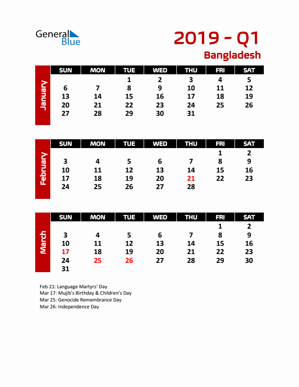 Q1 2019 Calendar with Holidays in Bangladesh