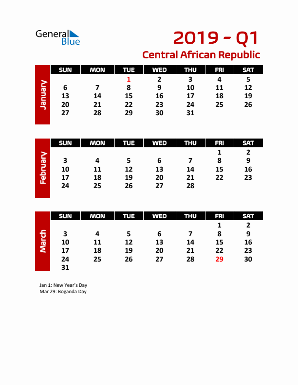 Q1 2019 Calendar with Holidays in Central African Republic