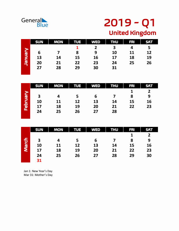 Q1 2019 Calendar with Holidays in United Kingdom