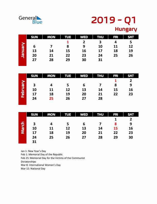 Q1 2019 Calendar with Holidays in Hungary