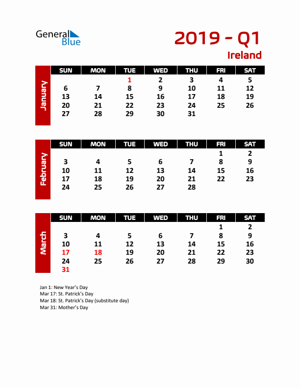 Q1 2019 Calendar with Holidays in Ireland