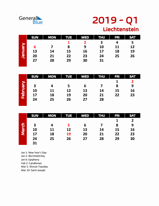 Q1 2019 Calendar with Holidays in Liechtenstein