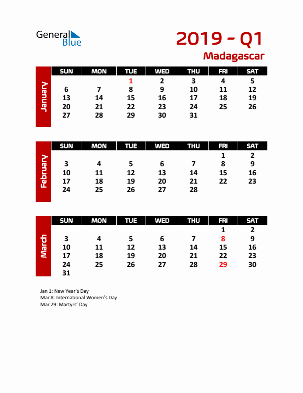 Q1 2019 Calendar with Holidays in Madagascar