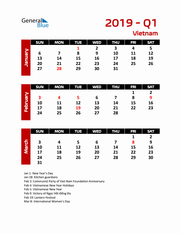 Q1 2019 Calendar with Holidays in Vietnam