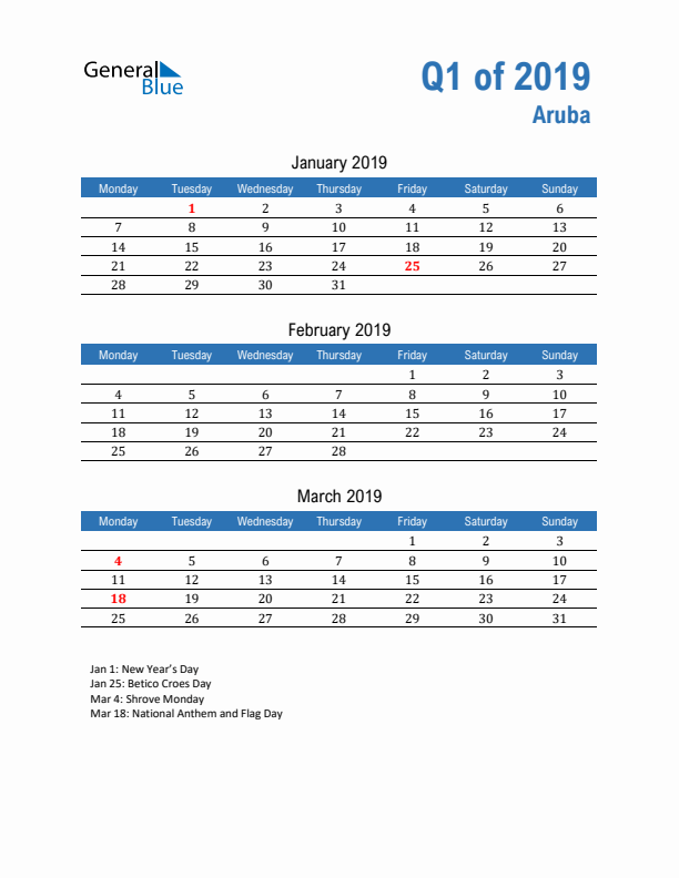 Aruba Q1 2019 Quarterly Calendar with Monday Start