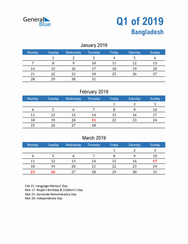 Bangladesh Q1 2019 Quarterly Calendar with Monday Start