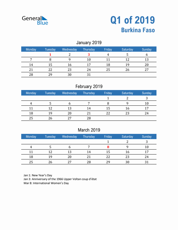 Burkina Faso Q1 2019 Quarterly Calendar with Monday Start