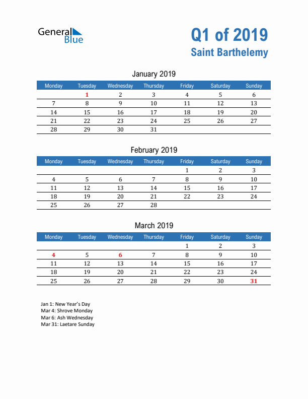 Saint Barthelemy Q1 2019 Quarterly Calendar with Monday Start