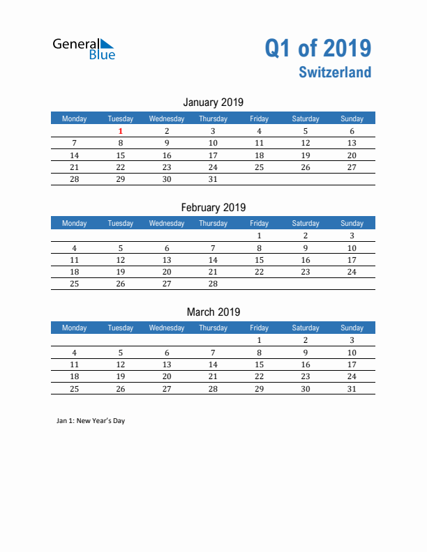 Switzerland Q1 2019 Quarterly Calendar with Monday Start