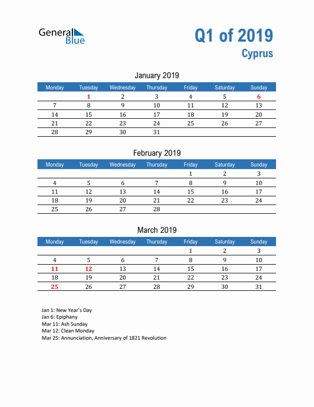 Cyprus Q1 2019 Quarterly Calendar with Monday Start