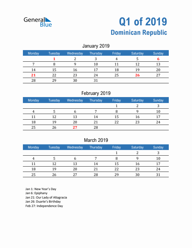 Dominican Republic Q1 2019 Quarterly Calendar with Monday Start