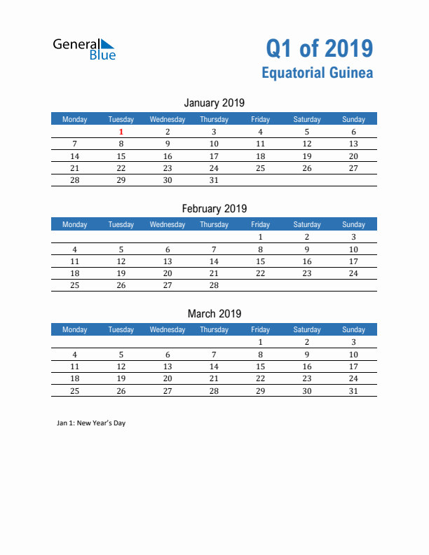 Equatorial Guinea Q1 2019 Quarterly Calendar with Monday Start