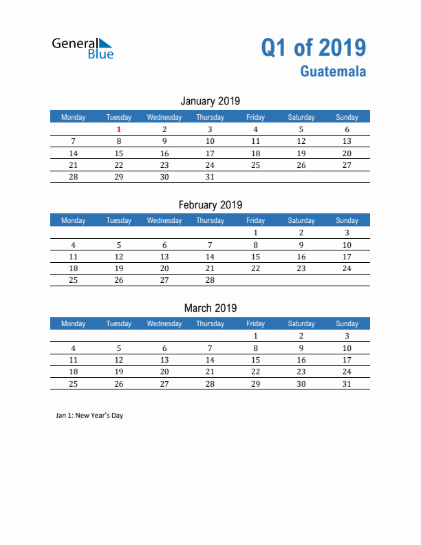 Guatemala Q1 2019 Quarterly Calendar with Monday Start