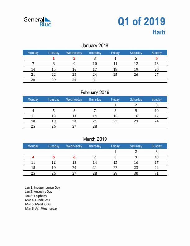 Haiti Q1 2019 Quarterly Calendar with Monday Start