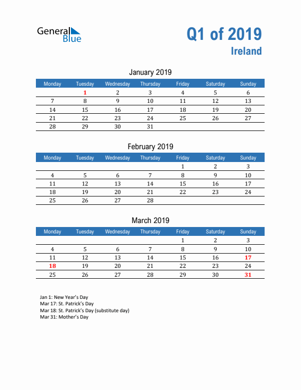 Ireland Q1 2019 Quarterly Calendar with Monday Start