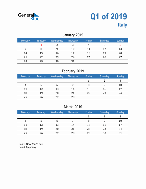 Italy Q1 2019 Quarterly Calendar with Monday Start