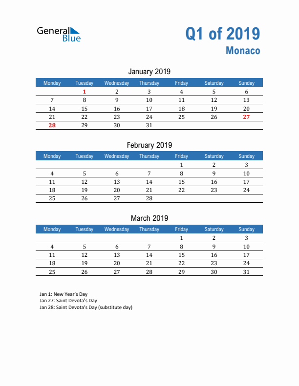 Monaco Q1 2019 Quarterly Calendar with Monday Start