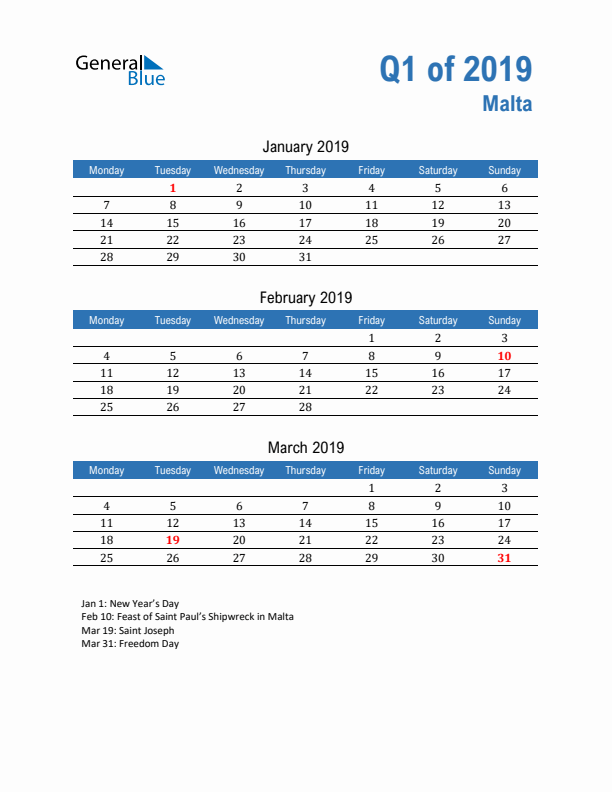 Malta Q1 2019 Quarterly Calendar with Monday Start