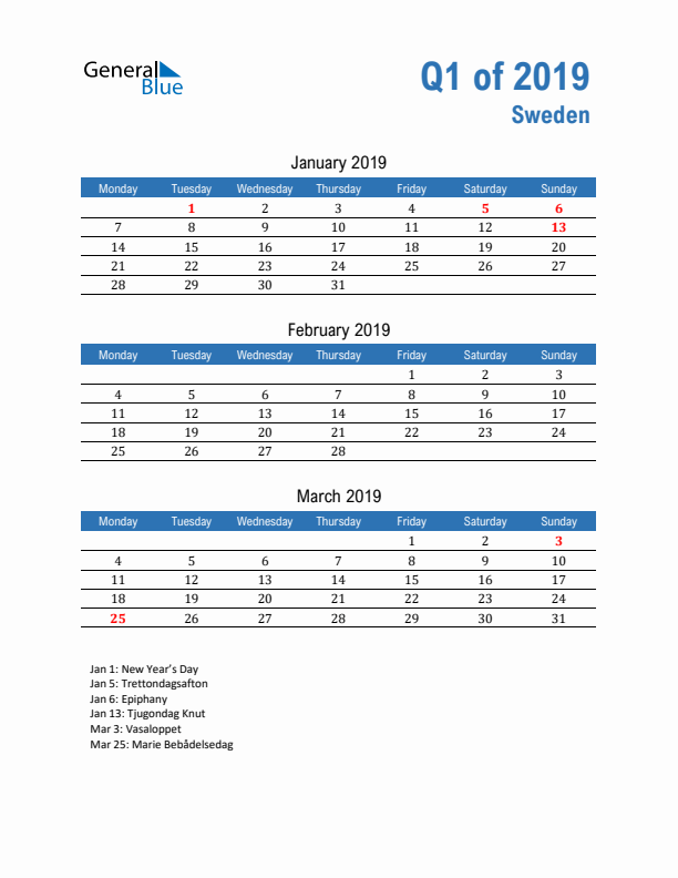 Sweden Q1 2019 Quarterly Calendar with Monday Start