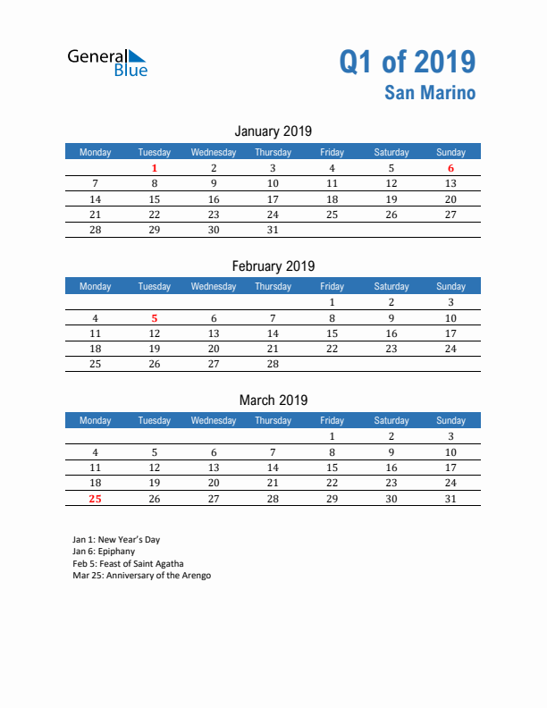 San Marino Q1 2019 Quarterly Calendar with Monday Start