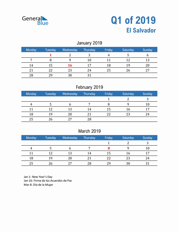 El Salvador Q1 2019 Quarterly Calendar with Monday Start