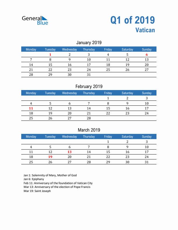 Vatican Q1 2019 Quarterly Calendar with Monday Start