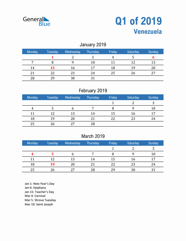 Venezuela Q1 2019 Quarterly Calendar with Monday Start