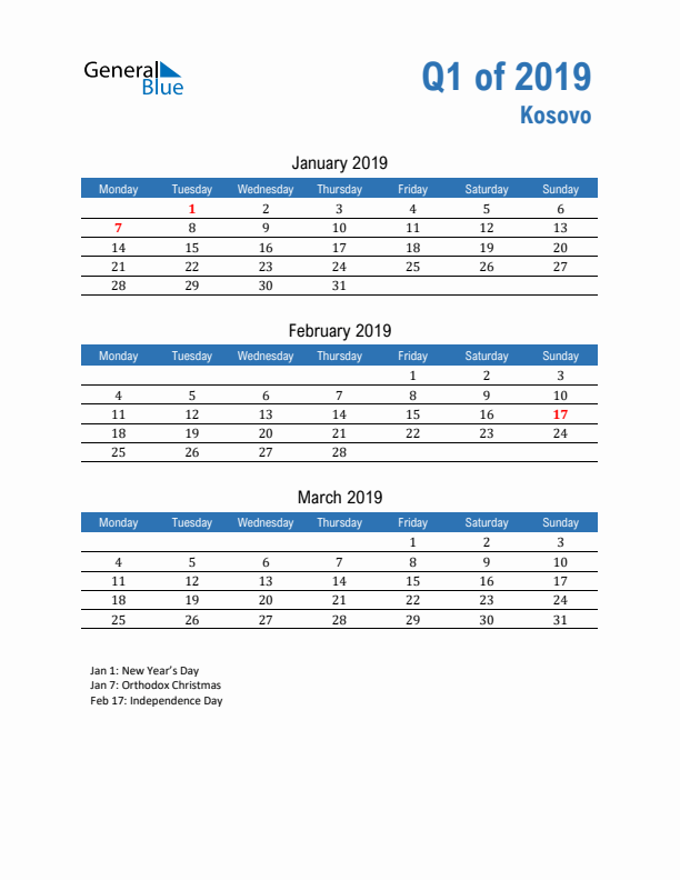 Kosovo Q1 2019 Quarterly Calendar with Monday Start