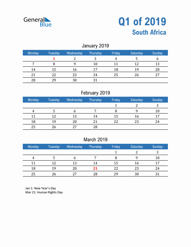 South Africa Q1 2019 Quarterly Calendar with Monday Start