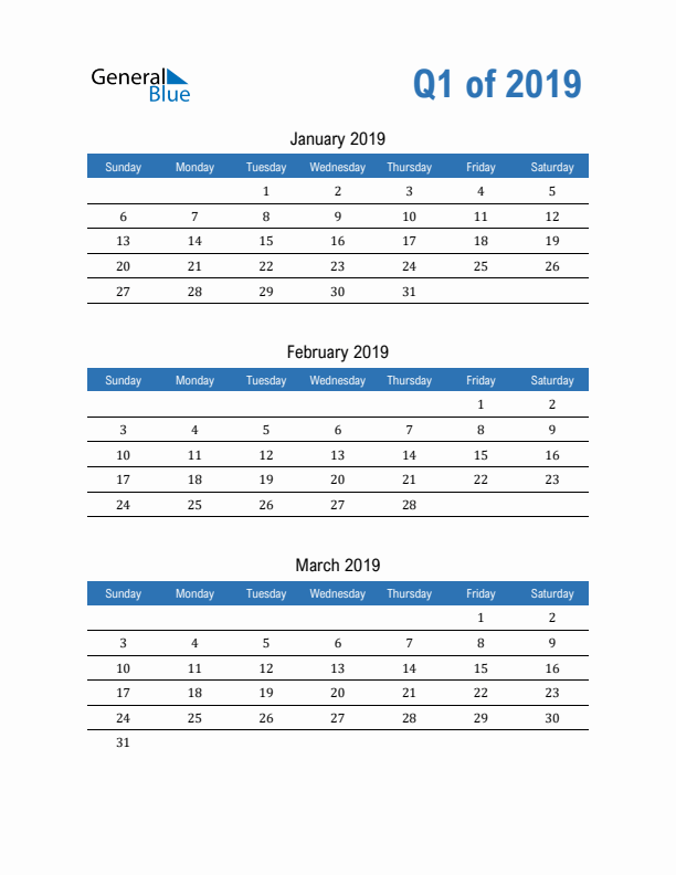 Fillable Quarterly Calendar for Q1 2019