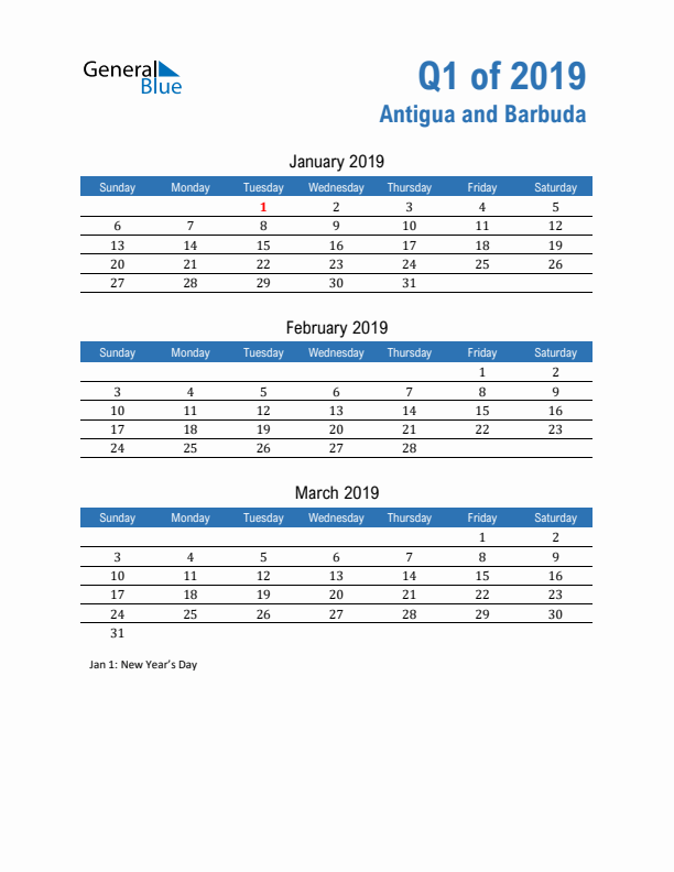 Antigua and Barbuda Q1 2019 Quarterly Calendar with Sunday Start