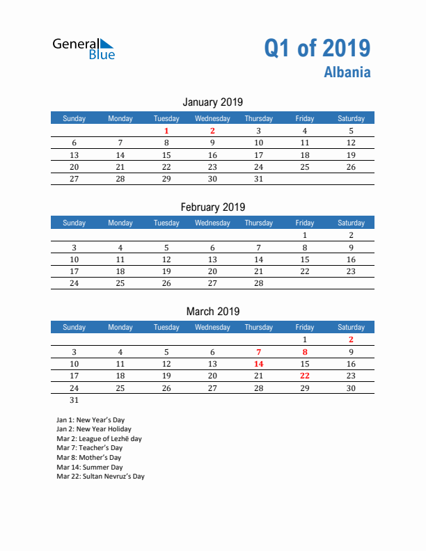 Albania Q1 2019 Quarterly Calendar with Sunday Start