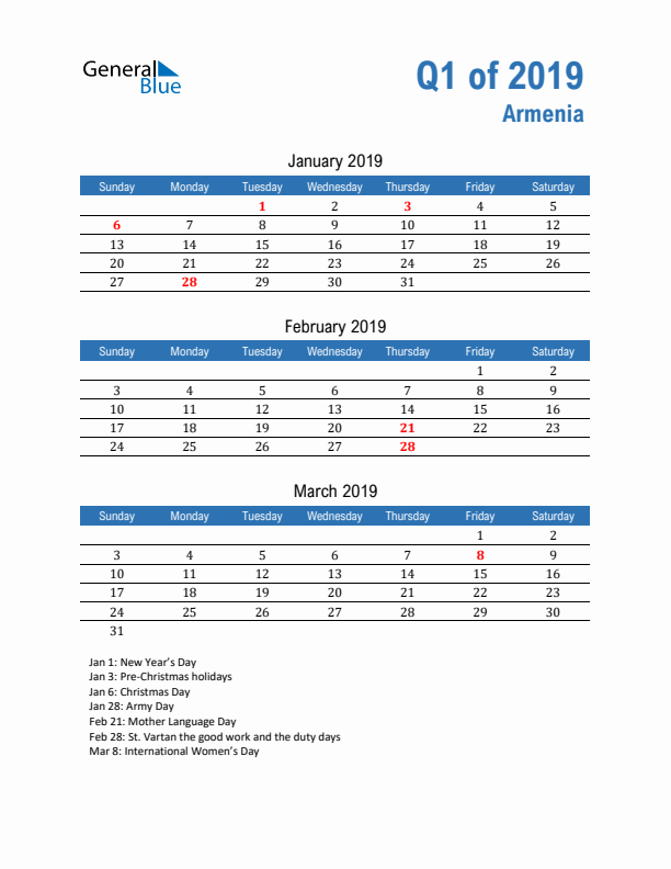 Armenia Q1 2019 Quarterly Calendar with Sunday Start