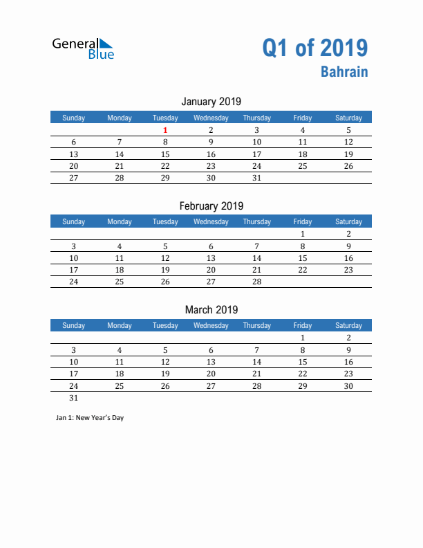 Bahrain Q1 2019 Quarterly Calendar with Sunday Start