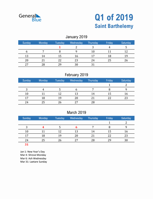 Saint Barthelemy Q1 2019 Quarterly Calendar with Sunday Start