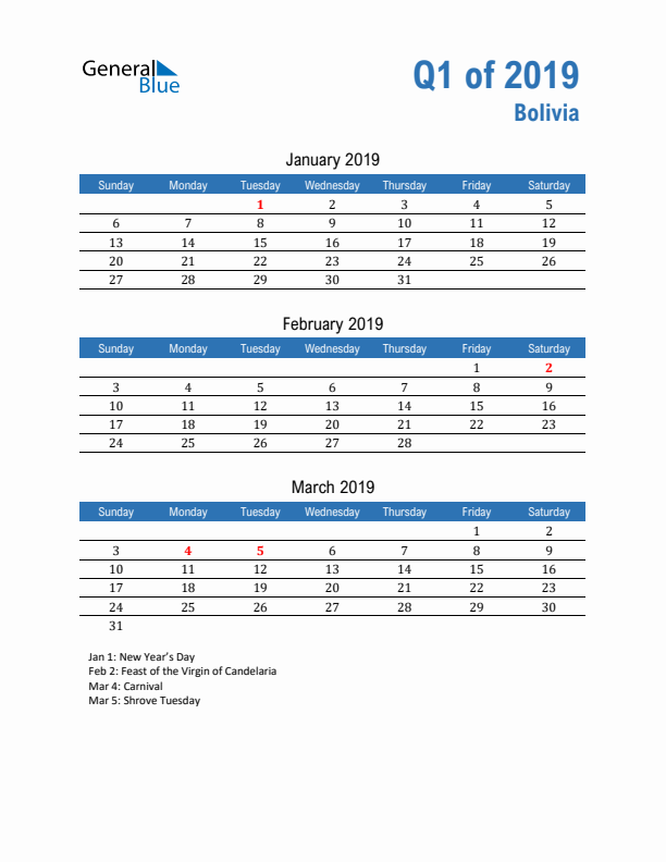 Bolivia Q1 2019 Quarterly Calendar with Sunday Start