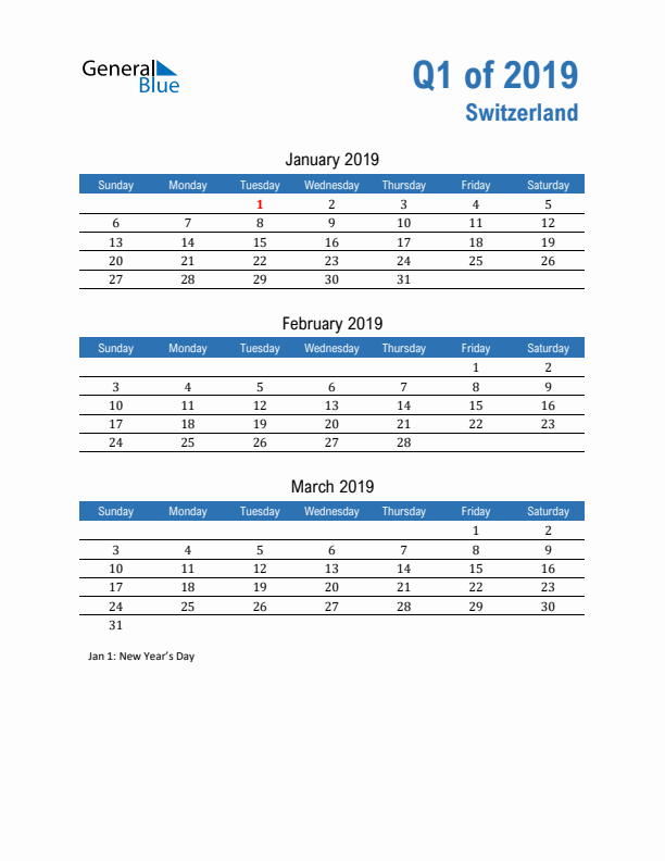 Switzerland Q1 2019 Quarterly Calendar with Sunday Start