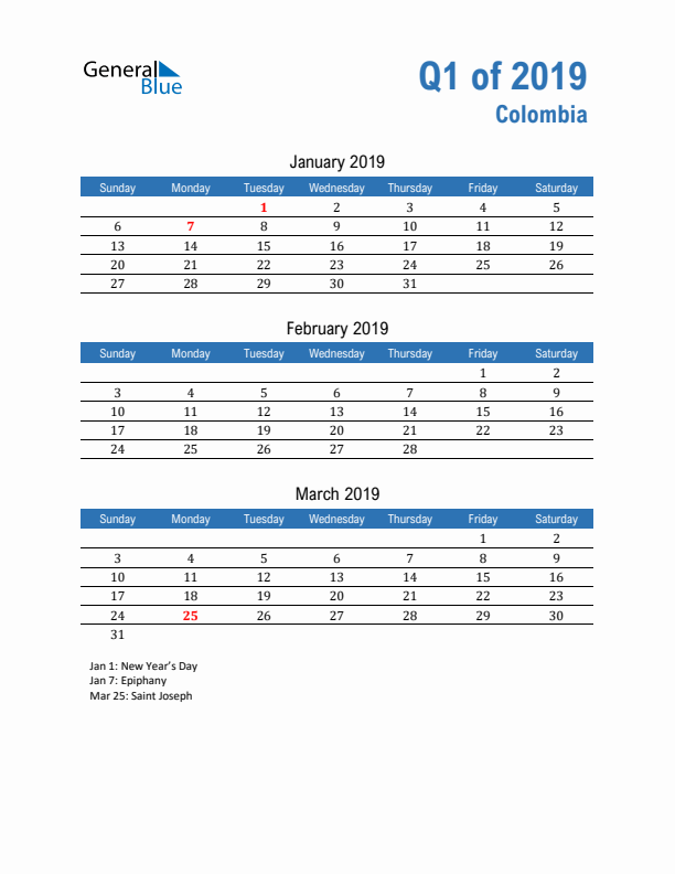 Colombia Q1 2019 Quarterly Calendar with Sunday Start