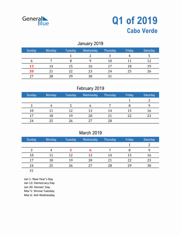 Cabo Verde Q1 2019 Quarterly Calendar with Sunday Start