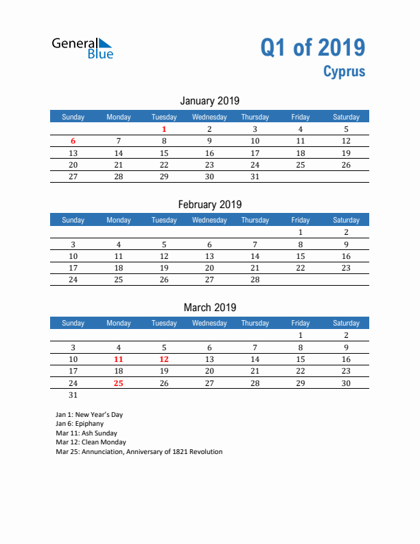 Cyprus Q1 2019 Quarterly Calendar with Sunday Start