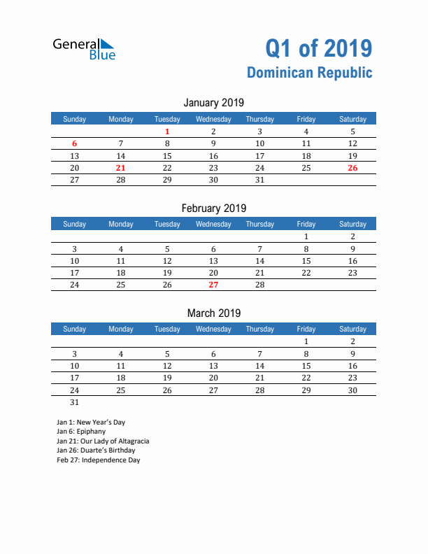 Dominican Republic Q1 2019 Quarterly Calendar with Sunday Start